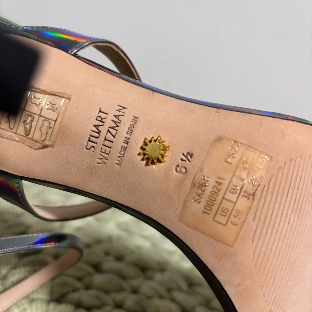 NEW Stuart Weitzman Aleena 100 Silver Hologram Square Toe Slip On Sandal Heels